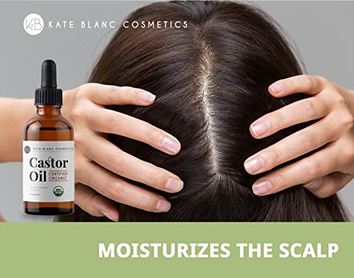 Kate Blanc Cosmetics Castor Oil (2oz), USDA Certified Organic, 100% Pure, Cold Pressed, Hexane Free. Stimulate Growth for Eyelashes, Eyebrows, Hair. Skin Moisturizer & Hair Treatment Starter Kit-UPStoxs