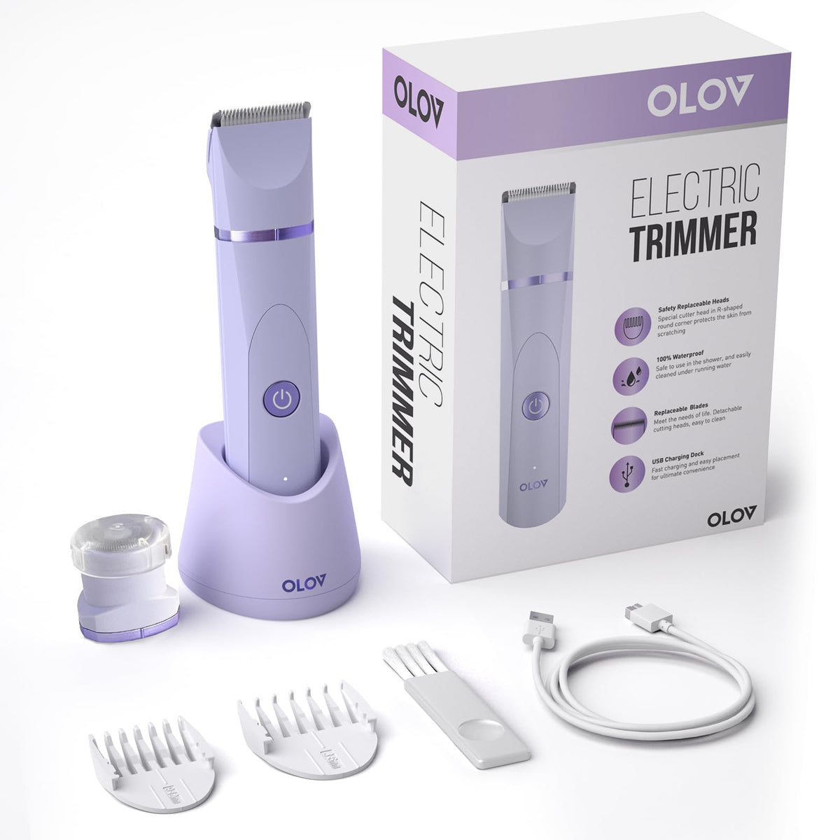 OLOV Bikini Trimmer for Women - Wet/Dry Electric Body Shaver Groomer, Replaceable Ceramic Blade Heads, Face Hair Remover Head & USB Recharge Dock, Waterproof Hygiene Razor, Purple-UPStoxs