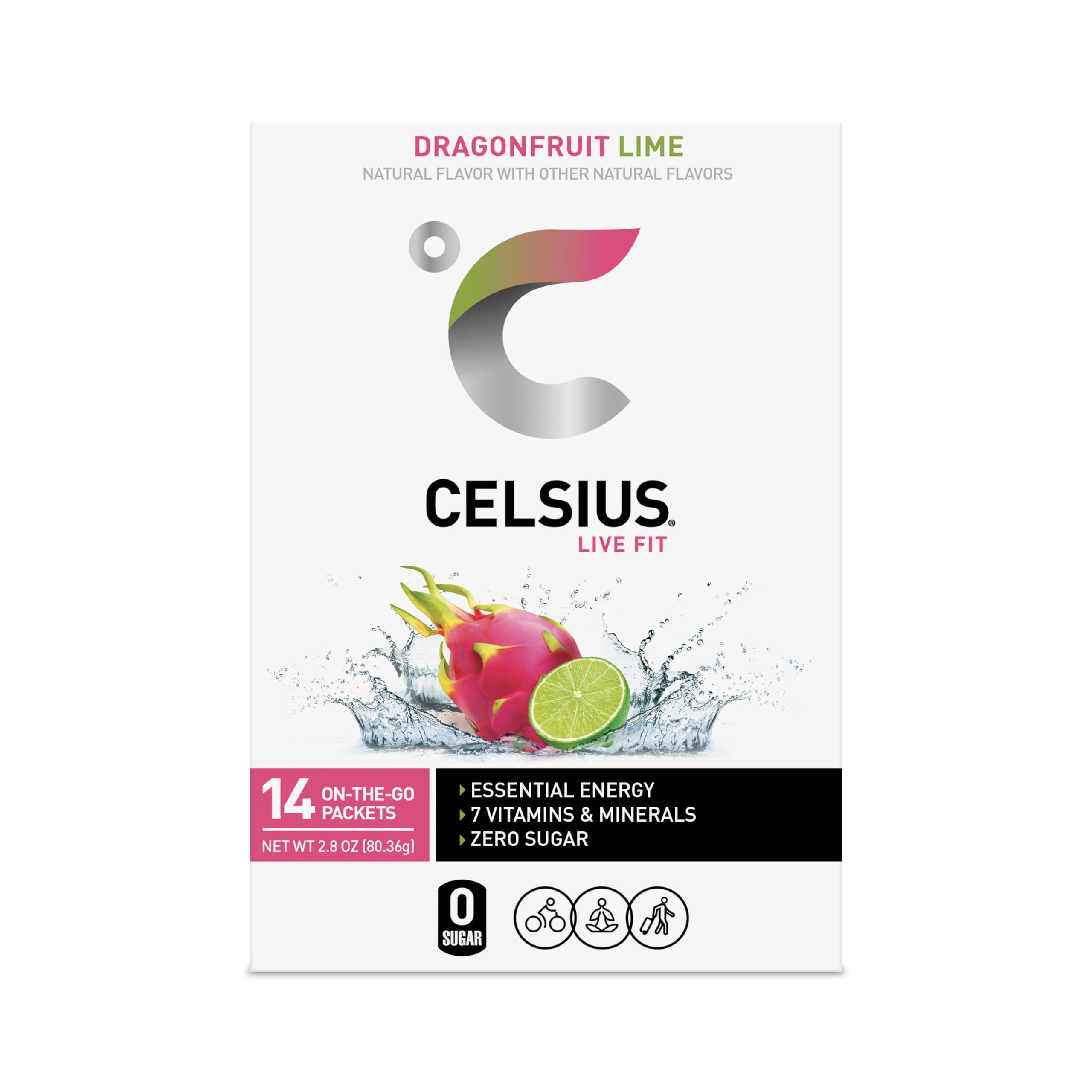 CELSIUS® On-the-Go Powder Sticks Dragonfruit Lime, Essential Energy 2.8 Oz (14 Sticks per Pack)-UPStoxs