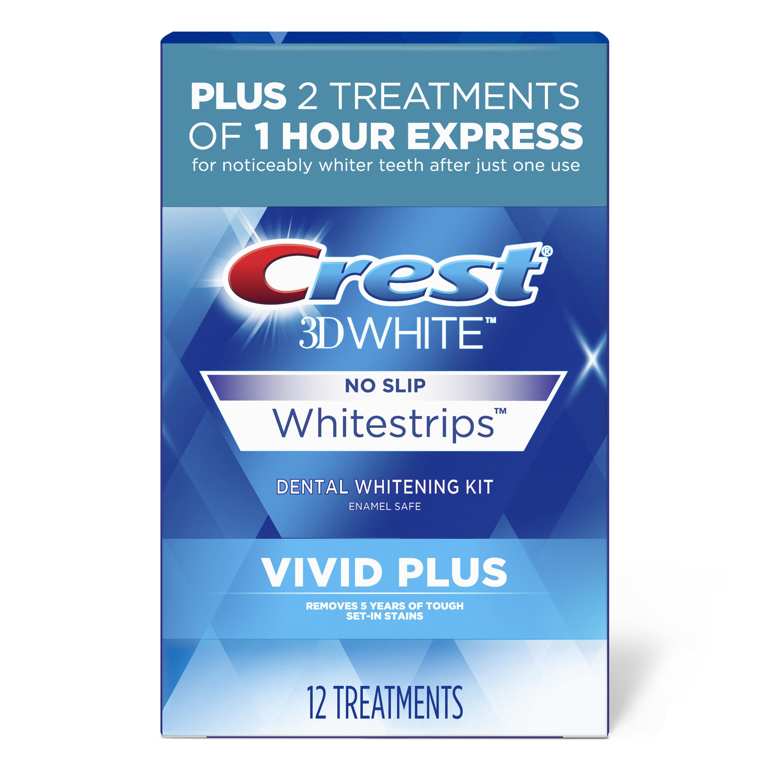 Crest 3DWhitestrips Vivid Plus 10 Treatments + 1 Hour Express 2 Treatments Teeth Whitening Kit, 8 Levels Whiter-UPStoxs