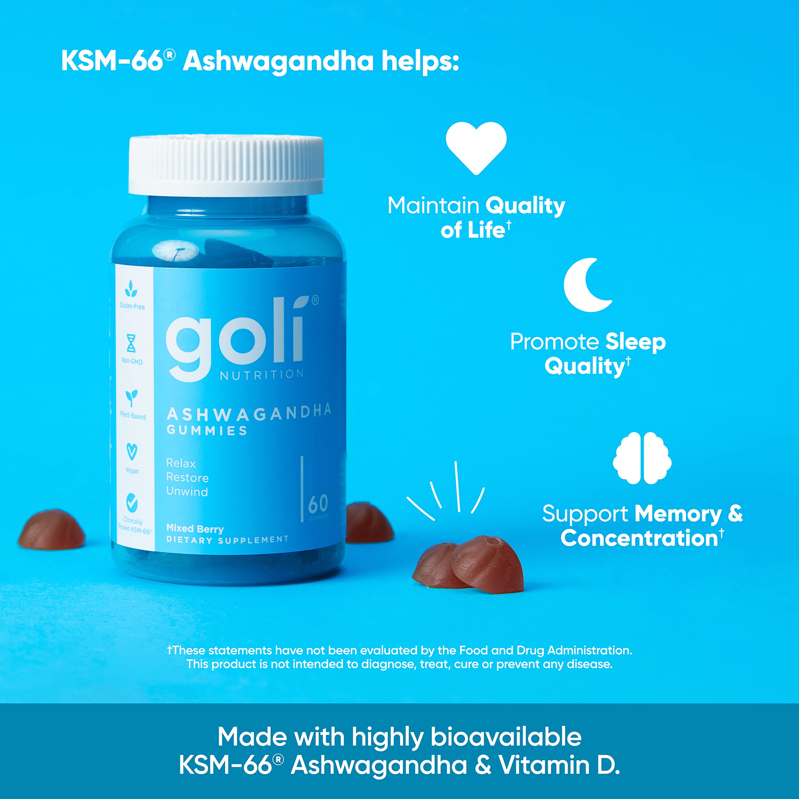 Goli Ashwagandha & Vitamin D Gummy - 60 Count - Mixed Berry, KSM-66, Vegan, Plant Based, Non-GMO, Gluten-Free & Gelatin Free Relax. Restore. Unwind, Pack of 1-UPStoxs