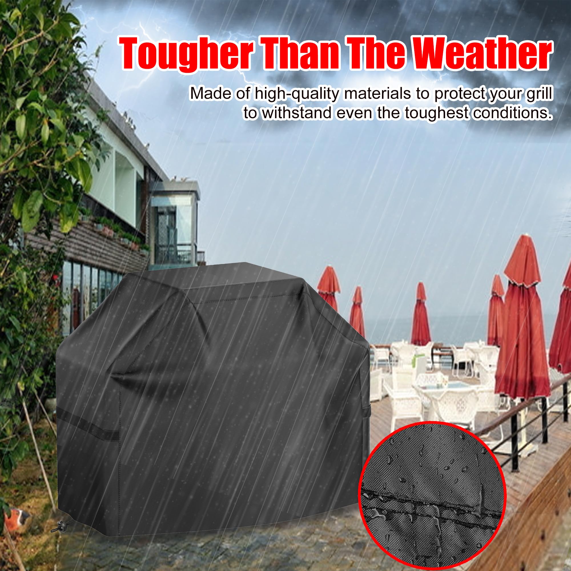 Grill Cover, 58 inch BBQ Gas Grill Cover for Outdoor Grill, Waterproof, Anti-UV, Rip-Proof, Fade Resistant Material, Barbecue Cover with Hook-and-Loop Straps & Adjustable Hem Drawstring, Black-UPStoxs