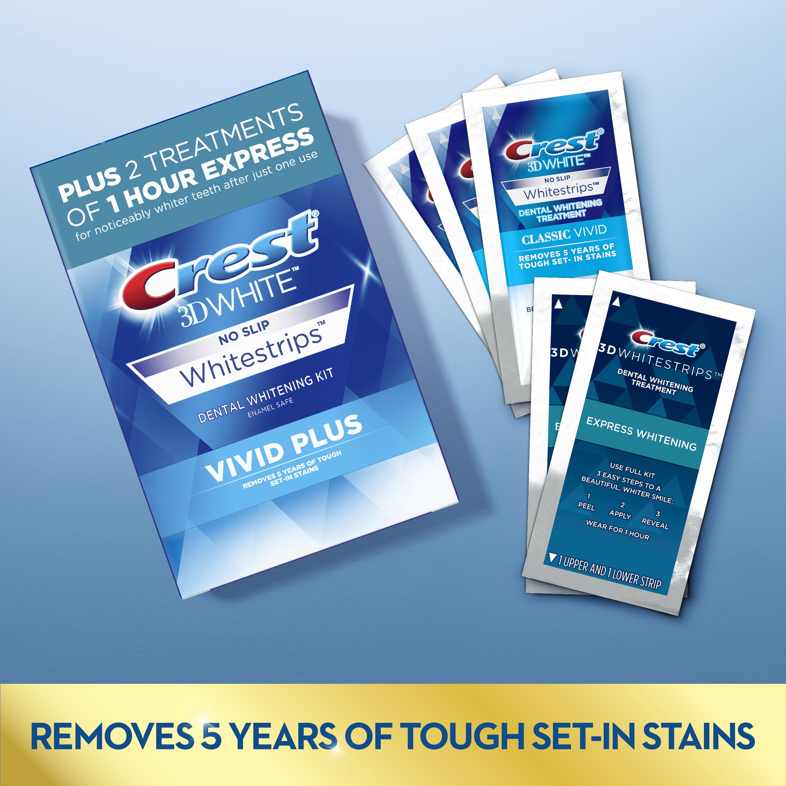Crest 3DWhitestrips Vivid Plus 10 Treatments + 1 Hour Express 2 Treatments Teeth Whitening Kit, 8 Levels Whiter-UPStoxs