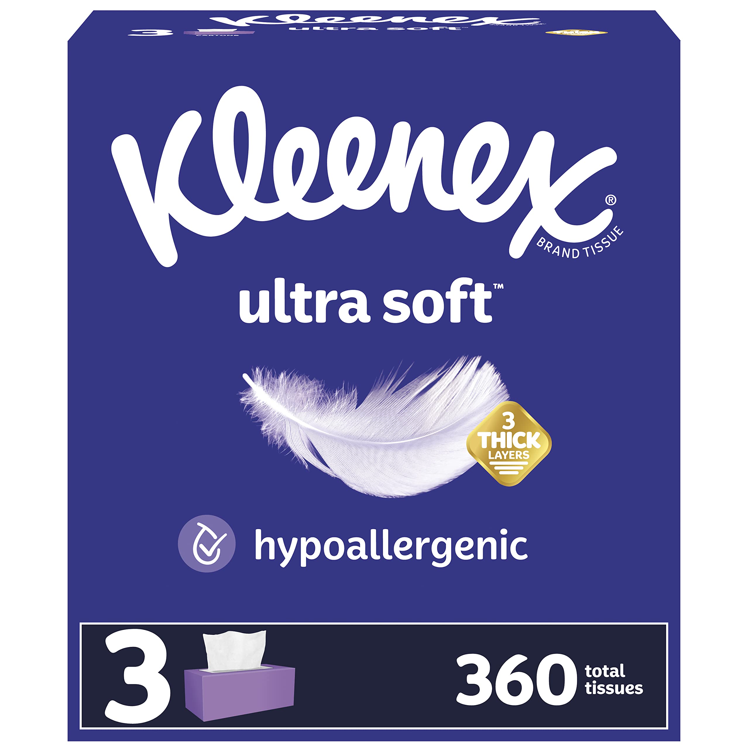 Kleenex Ultra Soft Facial Tissues, 3 Flat Boxes, 120 Tissues per Box, 3-Ply (360 Total Tissues), Packaging May Vary-UPStoxs