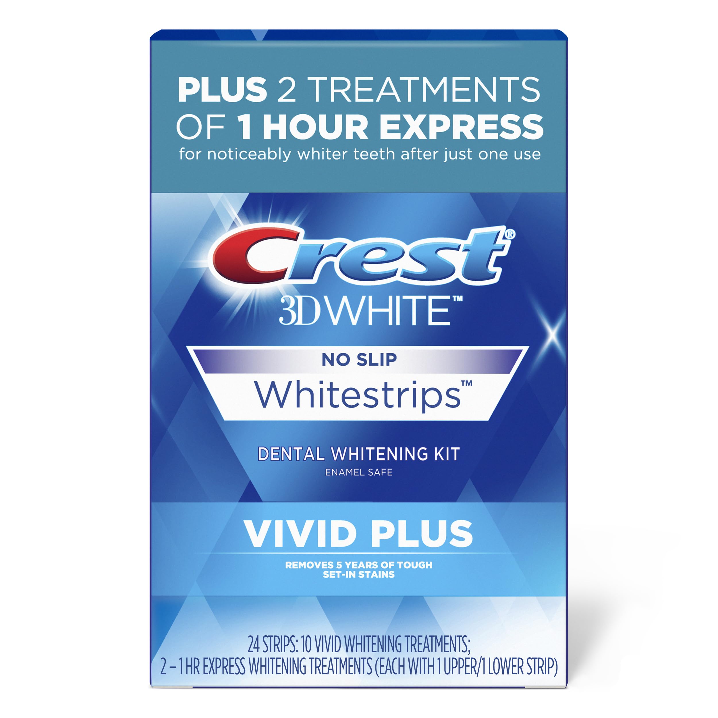 Crest 3DWhitestrips Vivid Plus 10 Treatments + 1 Hour Express 2 Treatments Teeth Whitening Kit, 8 Levels Whiter-UPStoxs