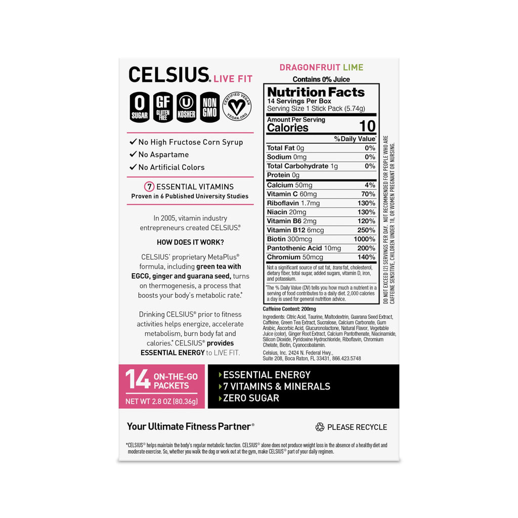 CELSIUS® On-the-Go Powder Sticks Dragonfruit Lime, Essential Energy 2.8 Oz (14 Sticks per Pack)-UPStoxs