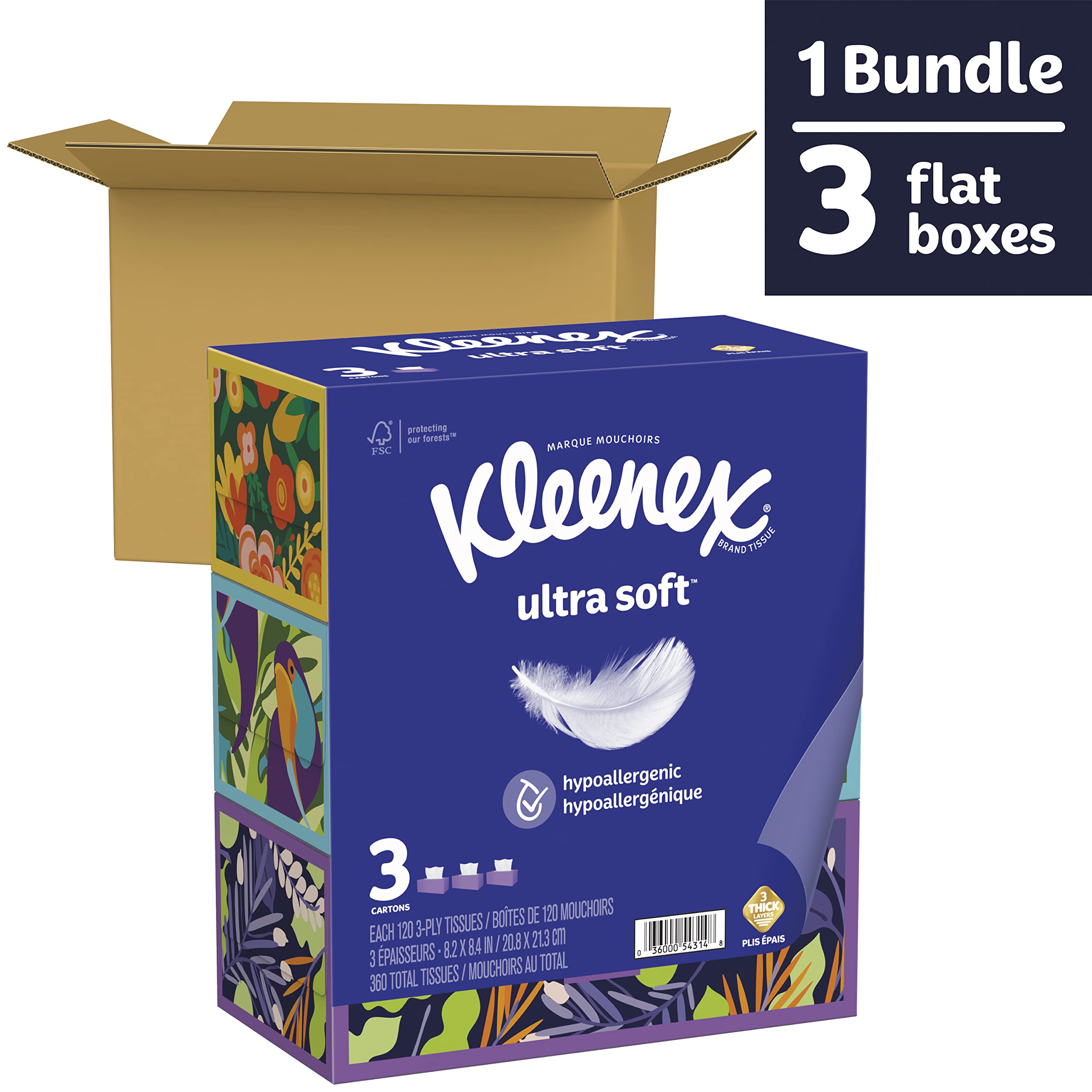 Kleenex Ultra Soft Facial Tissues, 3 Flat Boxes, 120 Tissues per Box, 3-Ply (360 Total Tissues), Packaging May Vary-UPStoxs