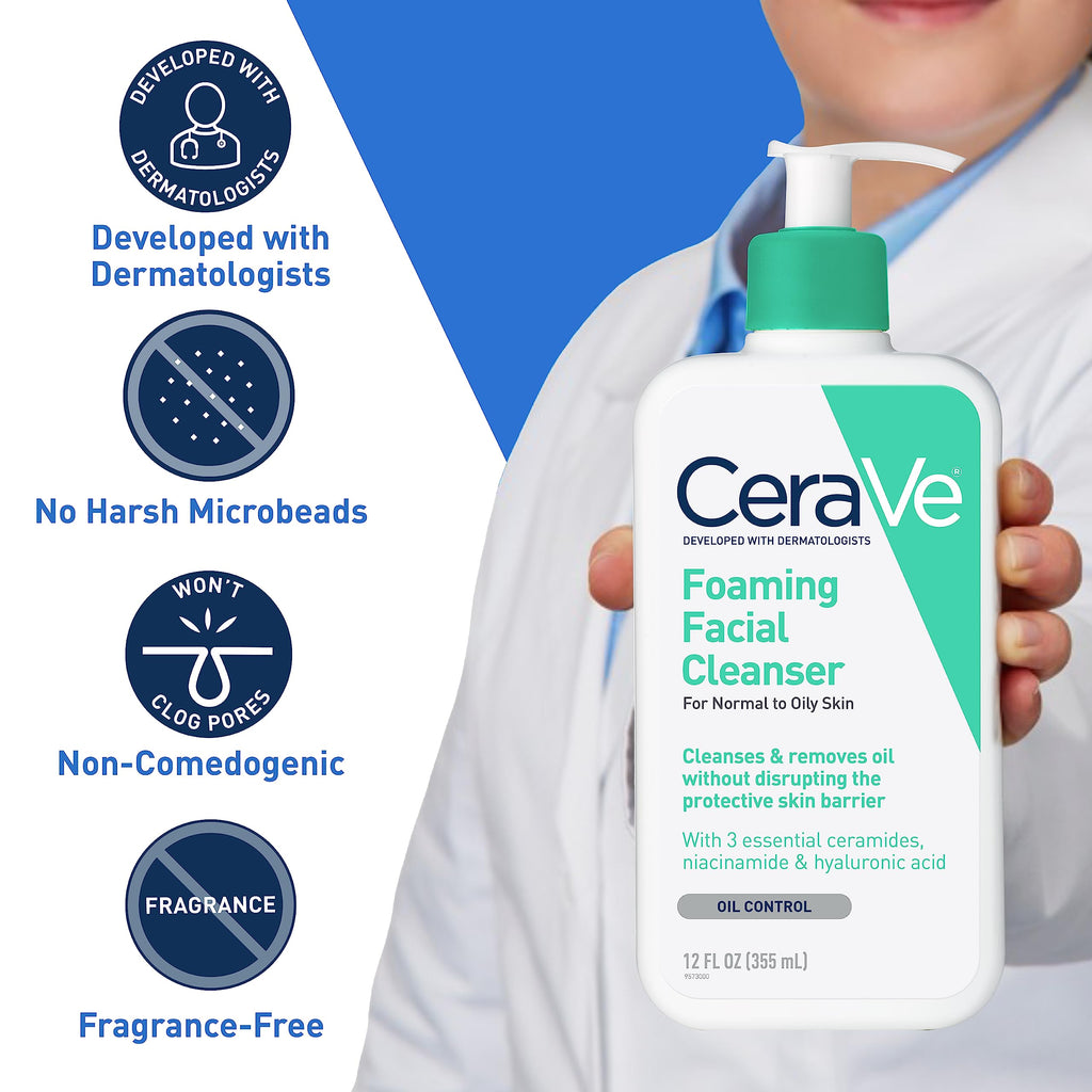 CeraVe Foaming Facial Cleanser | Daily Face Wash for Oily Skin with Hyaluronic Acid, Ceramides, and Niacinamide| Fragrance Free | 16 Fluid Ounce-UPStoxs