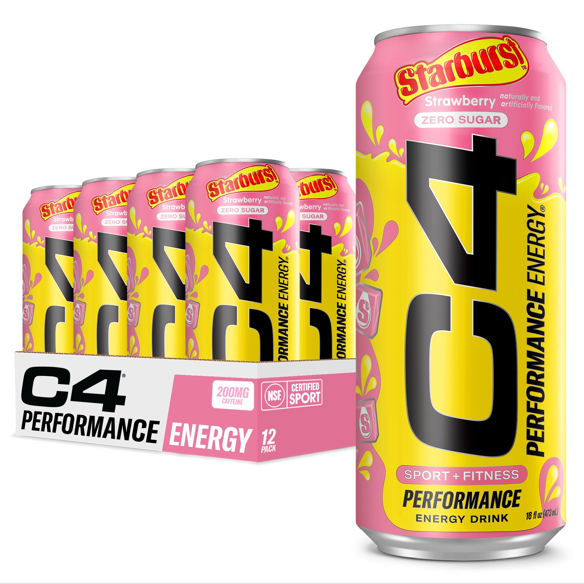 C4 Performance Energy Drink | STARBUST™ Strawberry | Zero Sugar Carbonated Preworkout Energy | 200mg Caffeine with Beta Alanine | 16 Fl Oz (12 Pack)-UPStoxs