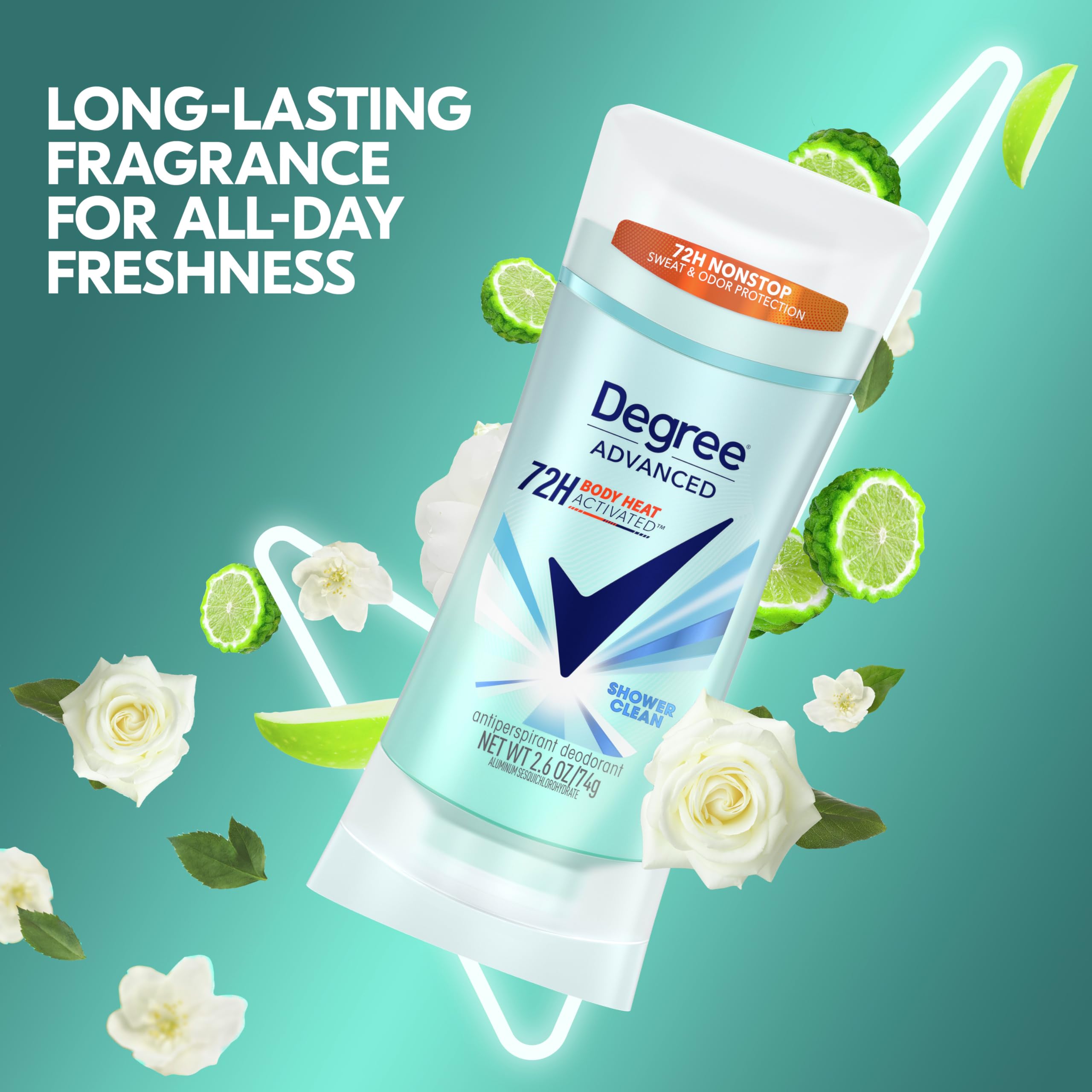 Degree Advanced Protection Antiperspirant Deodorant Shower Clean for 72-Hour Sweat & Odor Control for Women, with Body Heat Activated Technology, 2.6 oz-UPStoxs