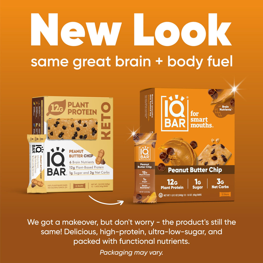 IQBAR Brain and Body Plant Protein Bars - Peanut Butter Chip - 12 Count, Low Carb, High Fiber, Gluten Free, Vegan Snacks - Low Sugar Keto Energy Bars-UPStoxs