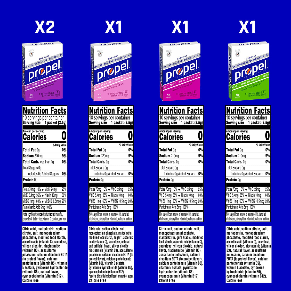 Propel Powder Packets 4 Flavor Variety Pack With Electrolytes, Vitamins and No Sugar 10 Count (Pack of 5) (Packaging May Vary)-UPStoxs
